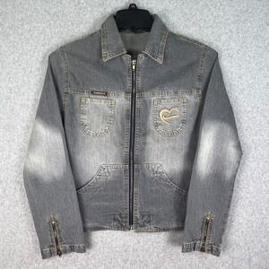 Ramirson Jacket Women's Denim 3 Gray‎ Wash Zip Front Embroidered Logo Y2K Retro